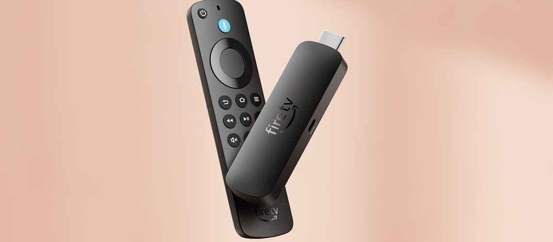 Amazon Fire TV Stick 4K Select on a salmon pink background