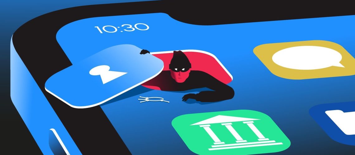 A vector illustration of a hacker climbing out off an app on a smartphone
