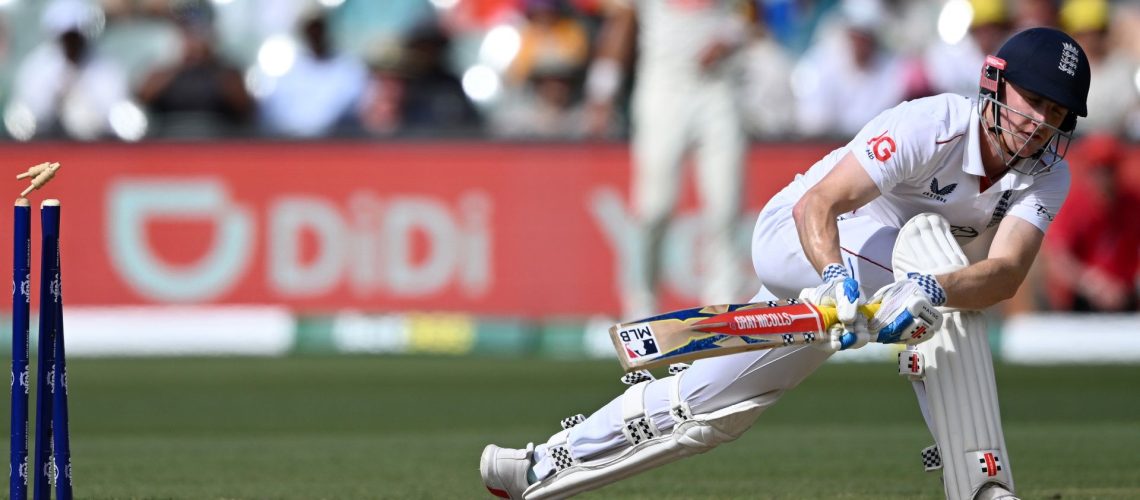 England's Harry Brook is bowled by Australia's Nathan Lyon during the Ashes 3rd Test