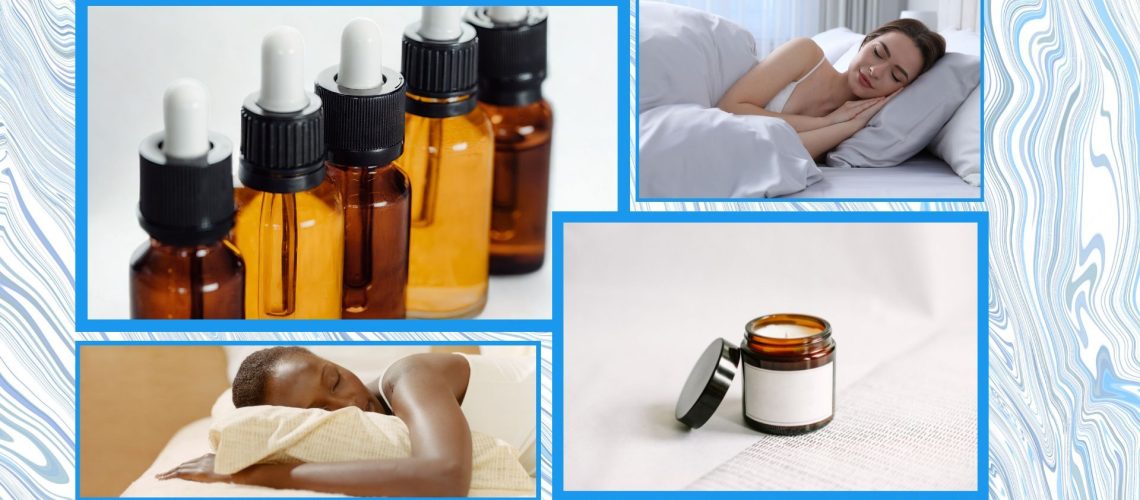 A four-piece collage of sleeping women, essential oils, and a candle pasted on to a blue marble background.