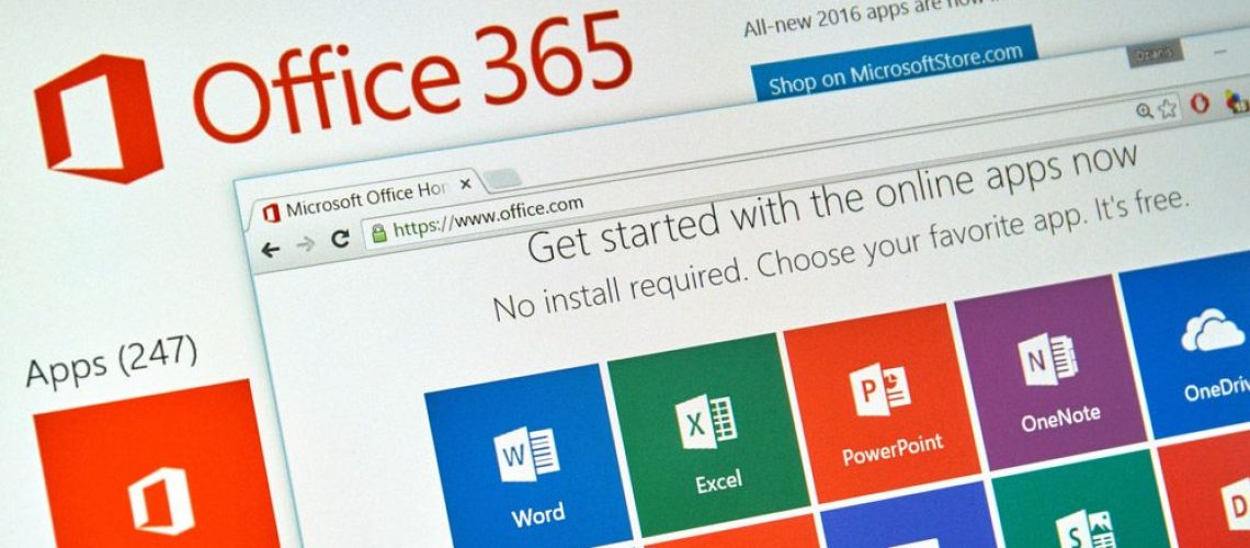 Splash screen of a Microsoft Office 365 load screen with the Office.com website loaded in the foreground.