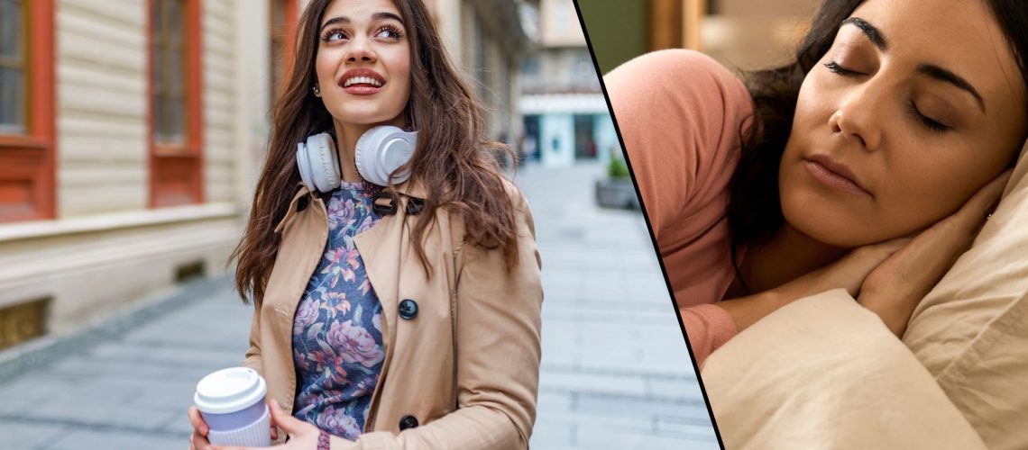 A split screen showing an image of a young brunette woman walking in the daylight with her morning coffee, and another image of a woman with dark hair sleeping peacefully at night.