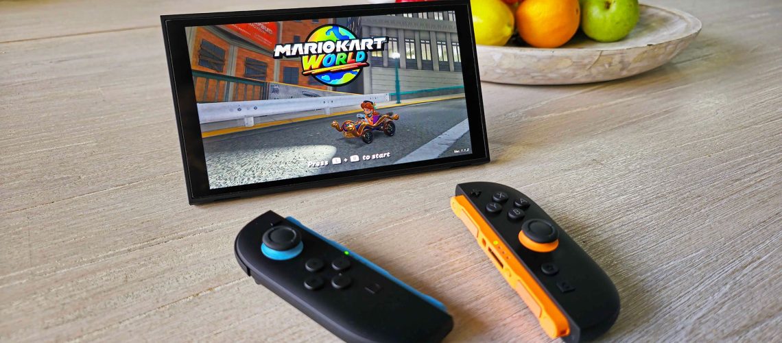 The Nintendo Switch 2 propped up on a kitchen table