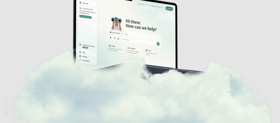 ExpressVPN graphic of a laptop resting on a cloud with ExpressAI open on the screen