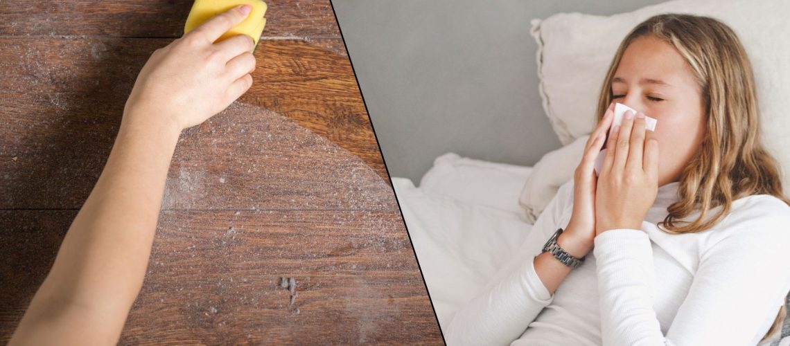 A split screen with an an image of dust being wiped from a nightstand and an image of a woman blowing her nose in bed because of allergens.
