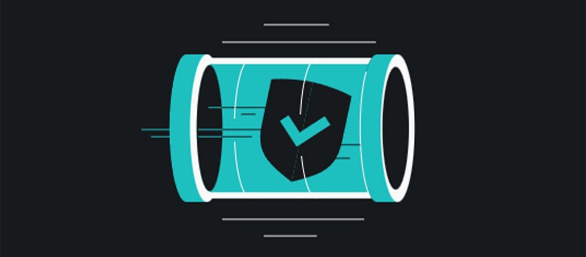 Blue Surfshark Dausos protocol graphic on a black background