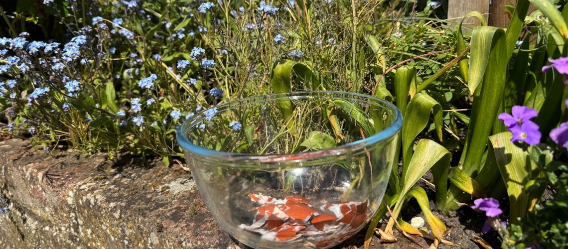 Eggshells in a bowl on a wall