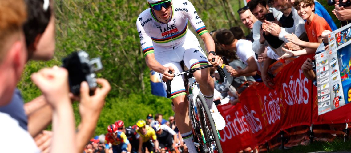 Tadej Pogacar attacks climbing the Côte de la Redoute on his way to winning the Liege - Bastogne - Liege in 2025.