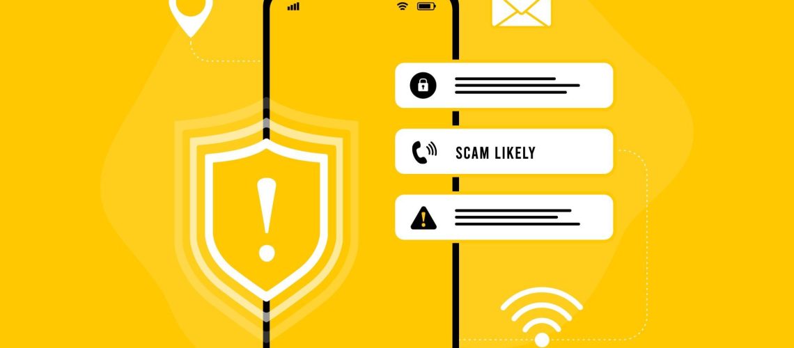 A digital concept image of a scam warning on a phone against a yellow background