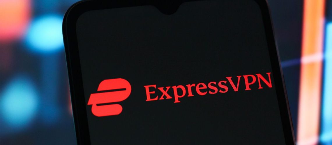 Red ExpressVPN logo displayed on black smartphone screen