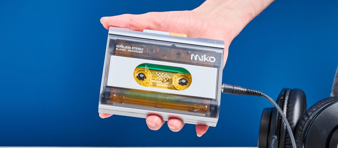 Gadhouse MIKO retro style cassette player photographed in front of a blue background.