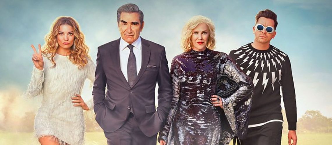 The central cast of Schitt's Creek, from L to R: Alexis (Annie Murphy), Johnny (Eugene Levy), Moira (Catherine O’Hara) and David (Dan Levy)