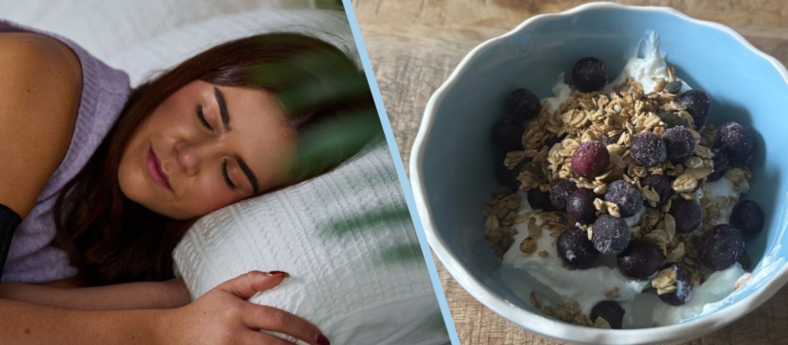 A split screen of an image of a sleeping woman and a bowl of yogurt and berries.