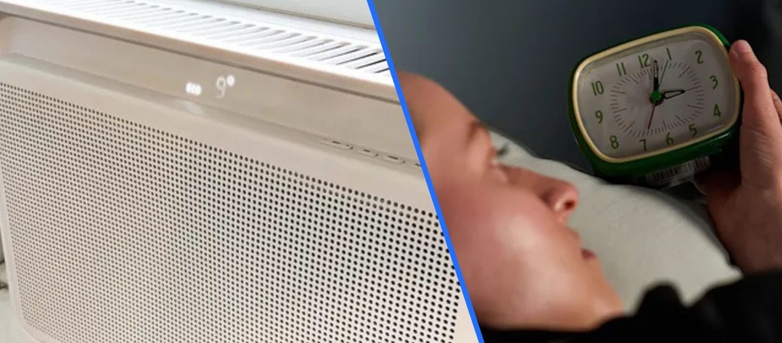 Split screen of Windmill Air Conditioner in window and a woman waking up at 3am.