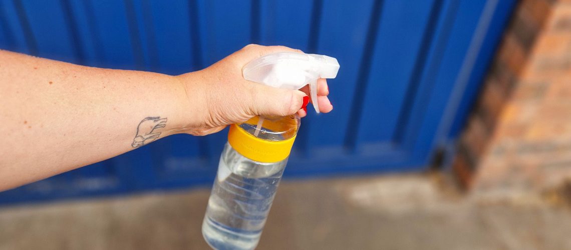 Spraying vinegar outside a front door