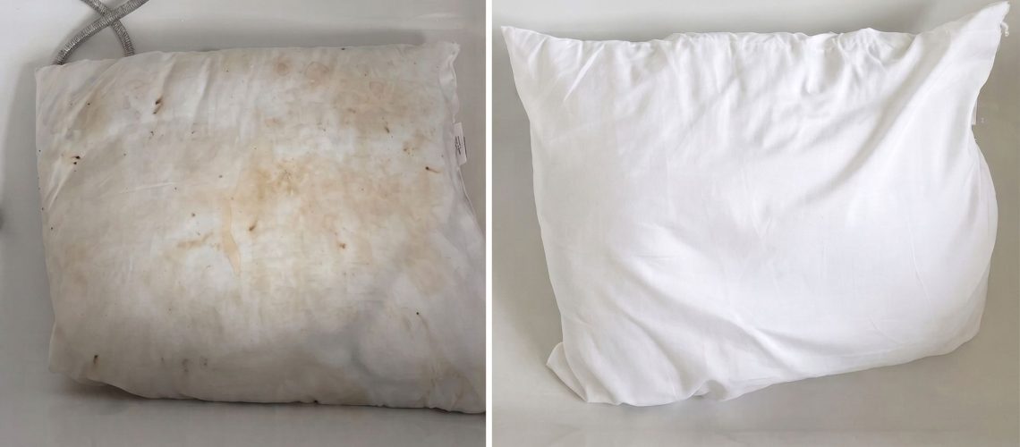 A split screen image showing a yellowed pillow on the left and the same pillow restored to bright white on the right following a pre-wash stain removal treatment