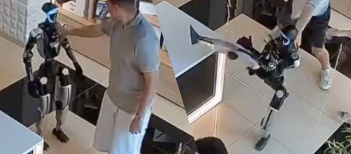 רובוט דמוי אדם נלחם בחזרה לאחר שהאדם דוחף אותו בחנות - האם זו תחילת המרד?