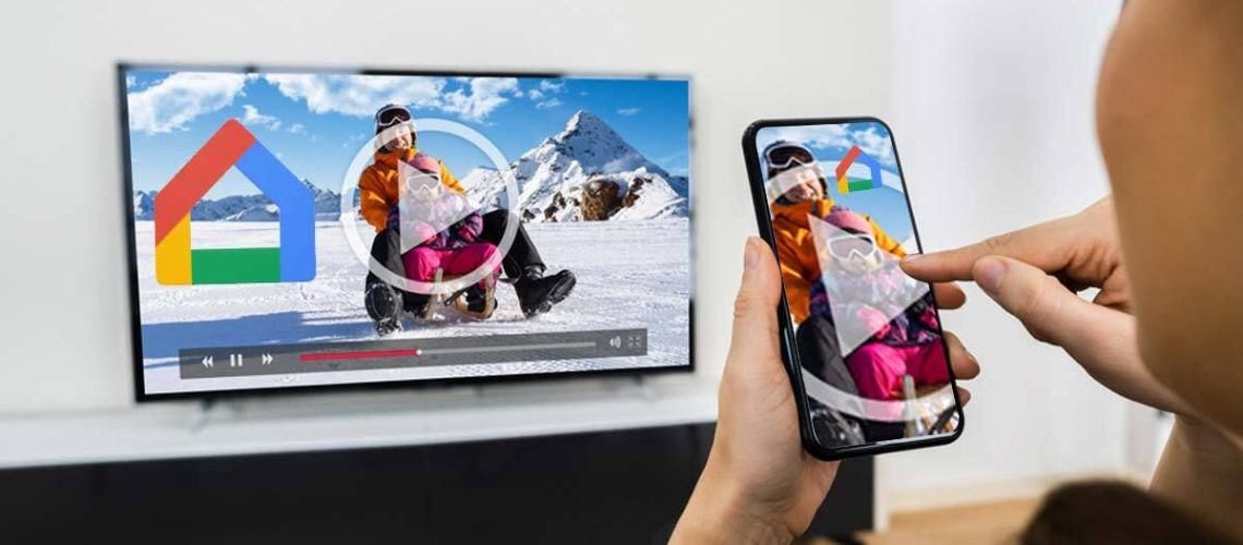 Google Hub on smartphone and TV in living room
