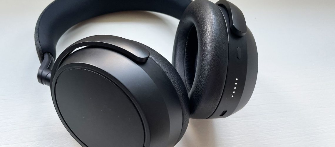 Sennheiser Momentum 4 Wireless headphones close up on white painted background
