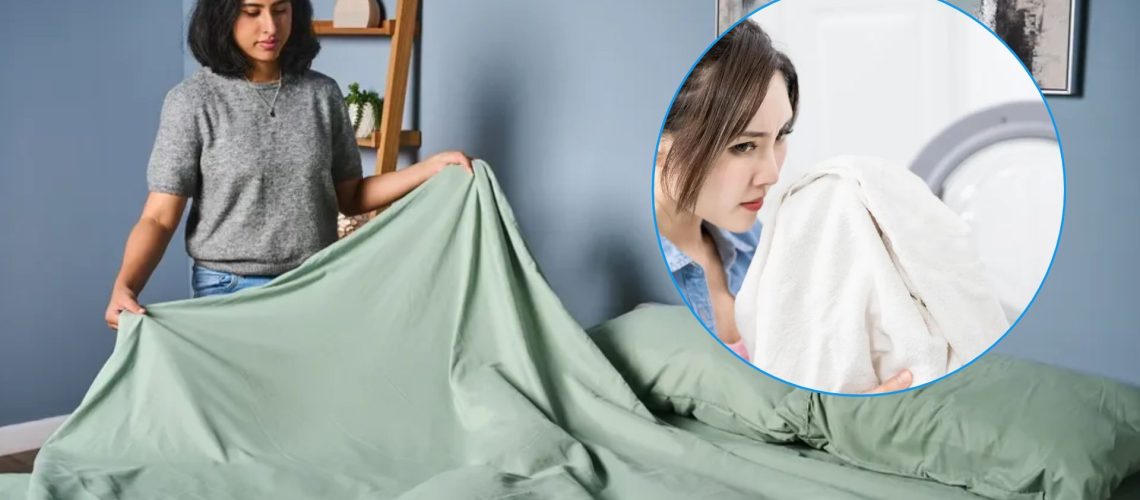 The image shows a dark haired woman making her bed with light green sheets. Inset to the right, a dark haired woman wrinkles her noses while she smells her freshly washed sheets.