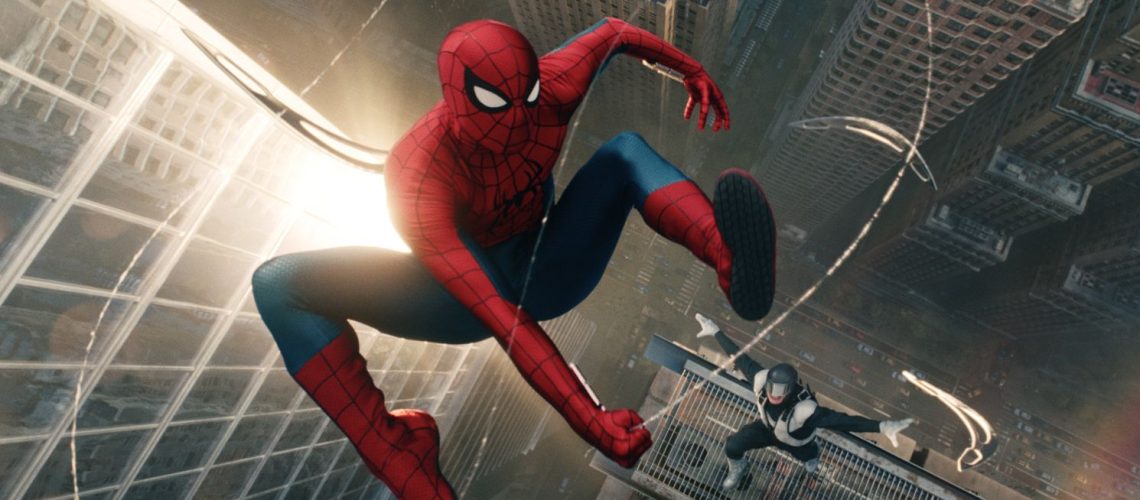 Spider-Man (Tom Holland) swinging through the sky in a still from "Spider-Man: Brand New Day"
