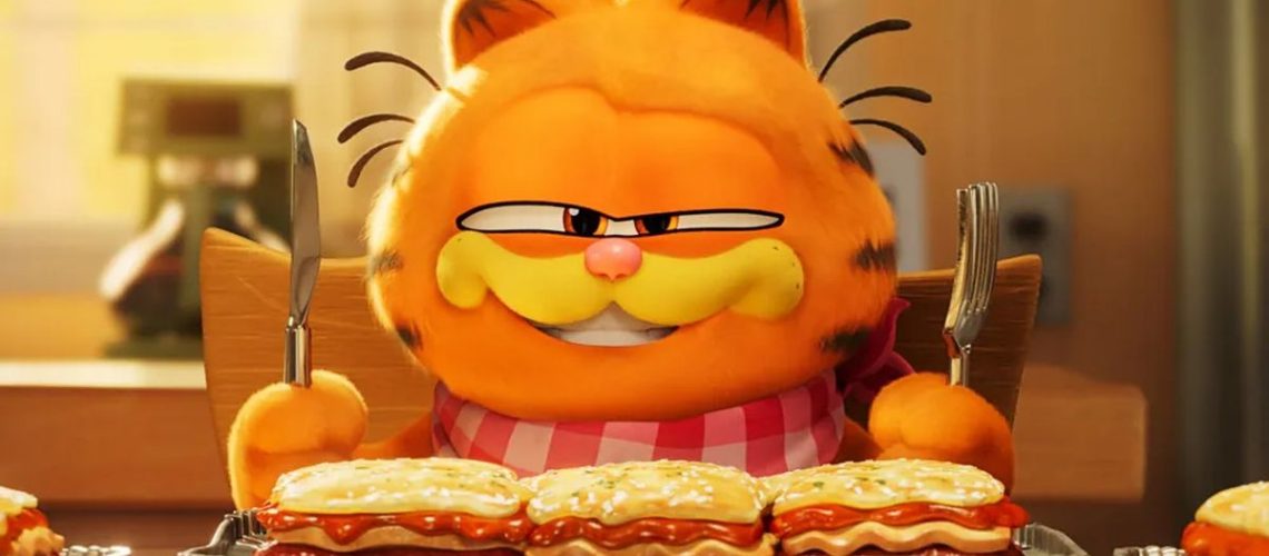 Garfield the cat is about to eat lasagna in The Garfield Movie