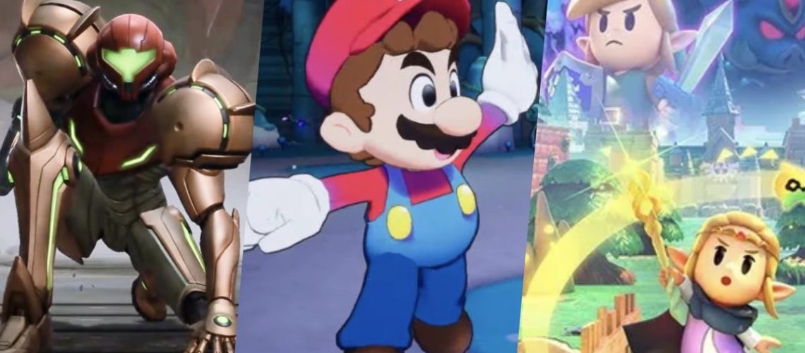 Screenshots combined from Metroid Prime 4, Mario & Luigi: Brothership, and The Legend of Zelda: Echoes of Wisdom from Nintendo