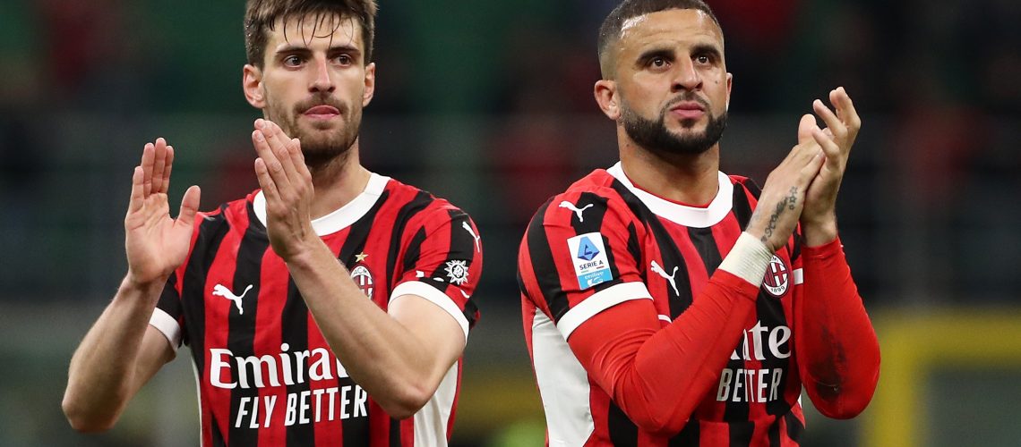 Matteo Gabbia and Kyle Walker of AC Milan applaud the fans after the Serie A match between AC Milan and Bologna ahead of Coppa Italia final against Bologna.