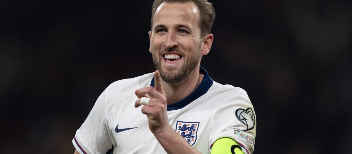LONDON, ENGLAND - MARCH 24: Harry Kane of England celebrates after scoring the second goal during the FIFA World Cup 2026 European Qualifier between England and Latvia at Wembley Stadium on March 24, 2025 in London, England. (Photo by Visionhaus/Getty Images)