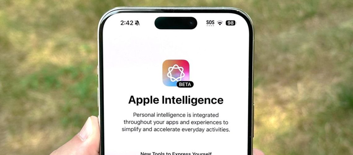 Apple Intelligence installation screen shown on iPhone 15 Pro Max.