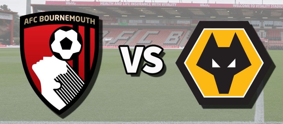 The AFC Bournemouth and Wolverhampton Wanderers club badges on top of a photo of the Vitality Stadium in Bournemouth, England