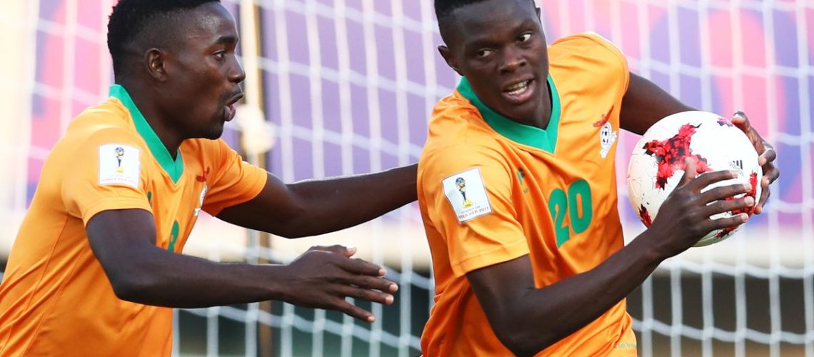 Patson Daka (R) celebrates scoring a goal ahead of the DR Congo vs Zambia live stream at AFCON 2023