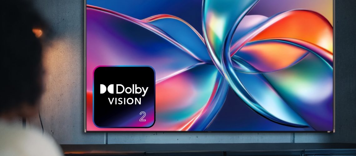 A TV sporting the Dolby Vision 2 logo in a living room