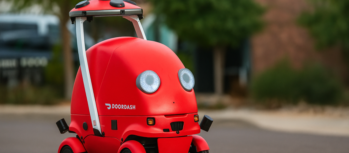 doordash red delivery robot called dot driving on the road