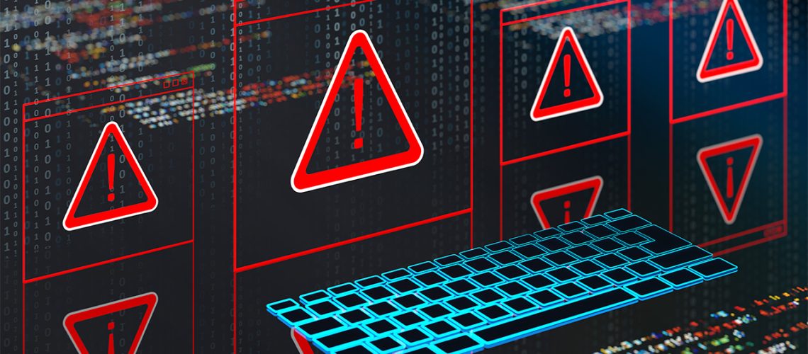 Computer graphic showing blue keyboard with multiple red warning triangle tabs