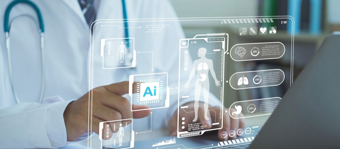 Doctor sits at laptop with futuristic projection representing artificial intelligence