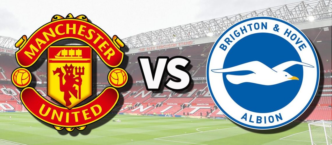The Manchester United and Brighton &amp; Hove Albion club badges on top of a photo of Old Trafford stadium in Manchester, England