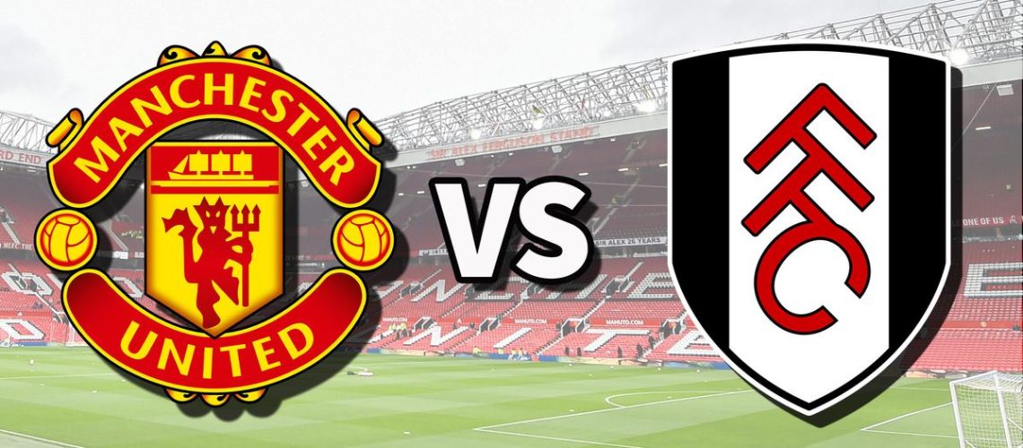 The Manchester United and Fulham club badges on top of a photo of Old Trafford stadium in Manchester, England