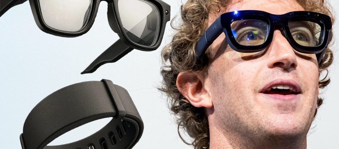 Mark Zuckerberg wearing Project Orion smart glasses with render of rumored Meta Hyerpnova smartglasses and wristband