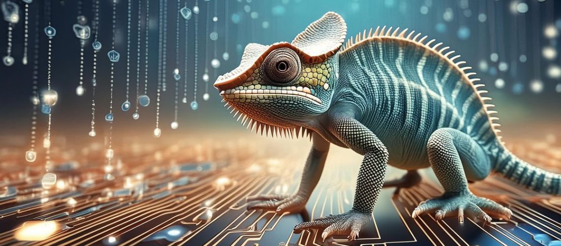 Adobe Firefly image of a chameleon sitting on a computer chip