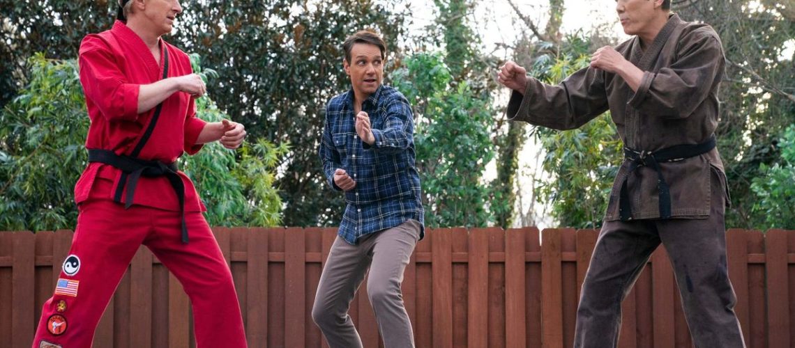 (L to R) William Zabka as Johnny Lawrence, Ralph Macchio as Daniel LaRusso, Yuji Okumoto as Chozen in Cobra Kai season 6