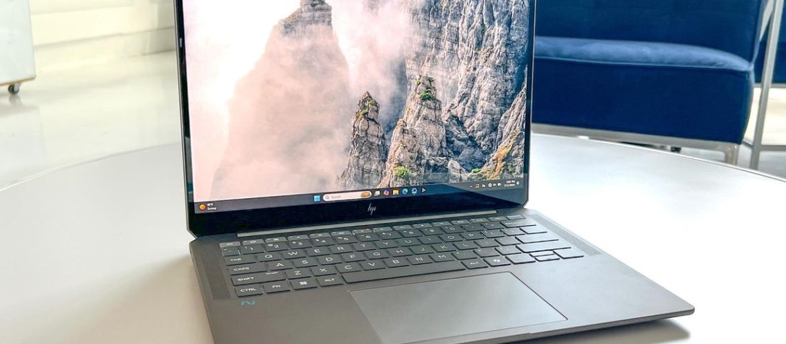 Hands-on image of the HP OmniBook Ultra 14 laptop powred by AMD Ryzen AI 300 chip