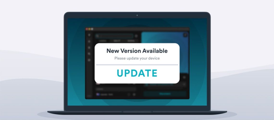Cartoon graphic of a laptop, with Surfshark VPN app displayed on the screen. There is a prompt to update the app to a new version