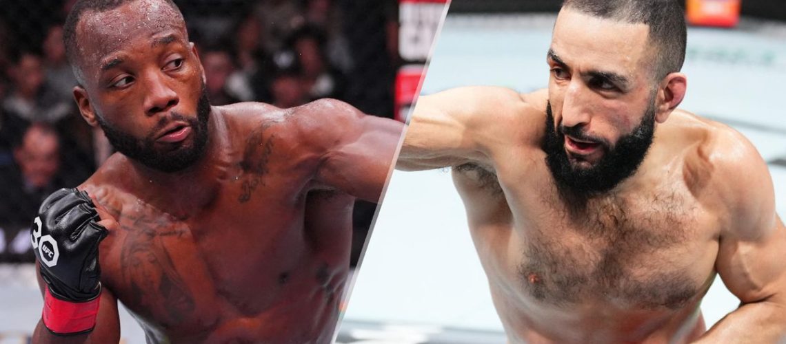 Composite image of UFC fighters Leon Edwards (L) and Belal Muhammad (R) throwing punches.
