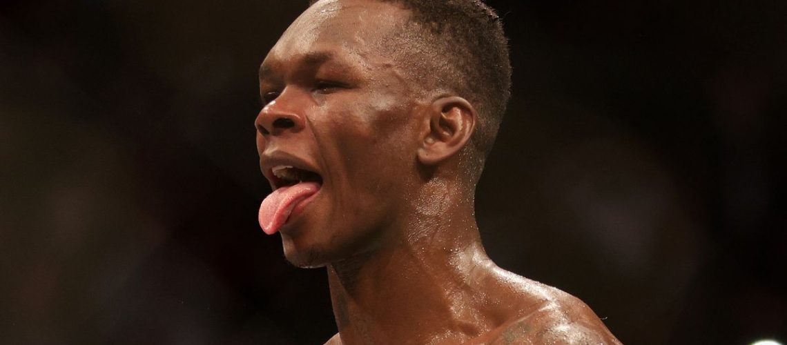 Israel Adesanya of Nigeria sticks his tongue out ahead of the UFC 305 live stream