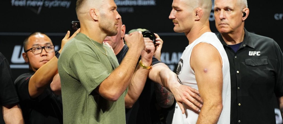 Opponents Dricus Du Plessis of South Africa and Sean Strickland face off during the UFC 312 press conference