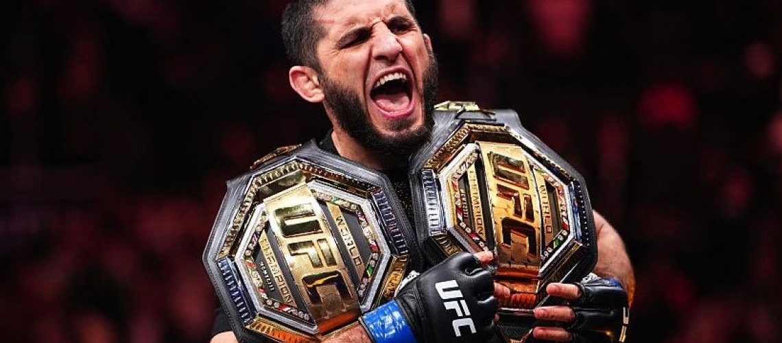 Islam Makhachev of Russia reacts to his win over Jack Della Maddalena of Australia in the UFC welterweight championship fight during the UFC 322 event at Madison Square Garden.