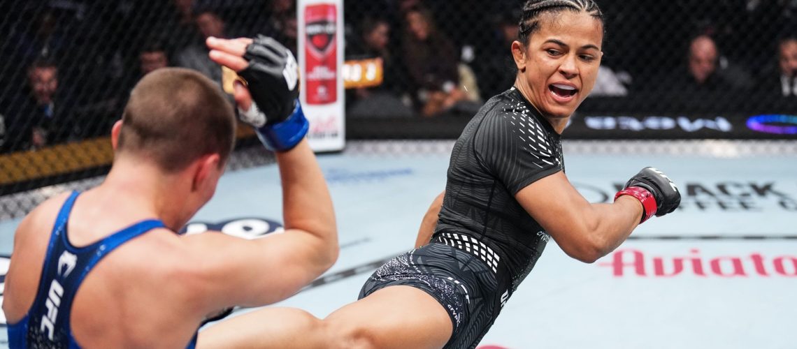 Natalia Silva of Brazil kicking an opponent during a UFC event at the T-Mobile Arena in Las Vegas.