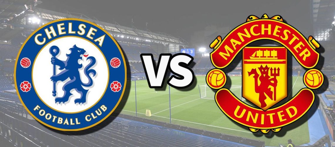 The Chelsea and Manchester United club badges on top of a photo of Stamford Bridge in London, England