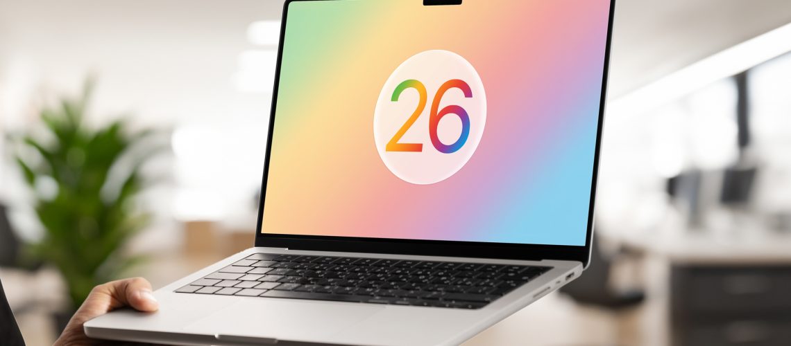 A render of the Apple macOS 26 logo on a MacBook.